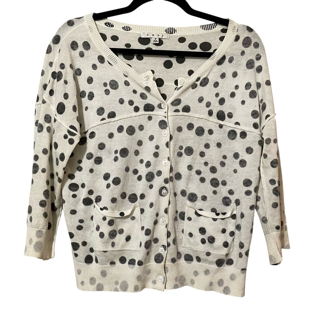 Cabi White & Grey Polka Dot 3/4 Sleeve Cardigan Sweater Womens S Casual Preppy